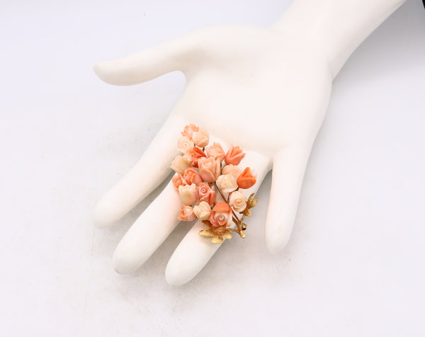 Italian 1960 Mid Century Flowers Bouquet Brooch In 14Kt Yellow Gold With Carved Coral