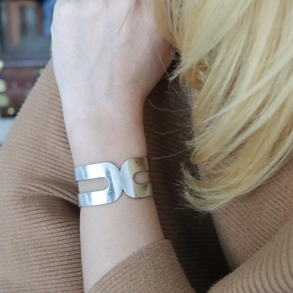 -Dinh Van Paris Vintage Classic "Double Dinh" Geometric Cuff In .925 Sterling Silver