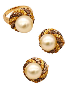 Italian Modern Earring Ring Suite In 18Kt Gold With 12 mm Akoya Pearls And 4.20 Cts In Diamonds And Sapphires
