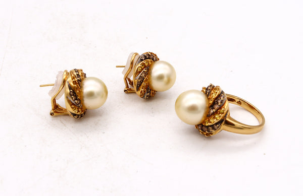 Italian Modern Earring Ring Suite In 18Kt Gold With 12 mm Akoya Pearls And 4.20 Cts In Diamonds And Sapphires