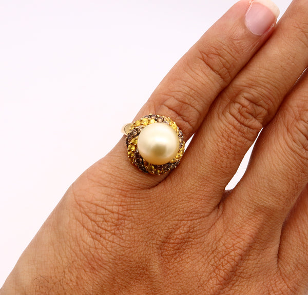 Italian Modern Earring Ring Suite In 18Kt Gold With 12 mm Akoya Pearls And 4.20 Cts In Diamonds And Sapphires