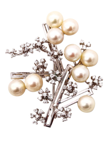 *Modernist geometric retro brooch in 18 kt white gold with 1.98 Cts in Diamonds and Akoya pearls