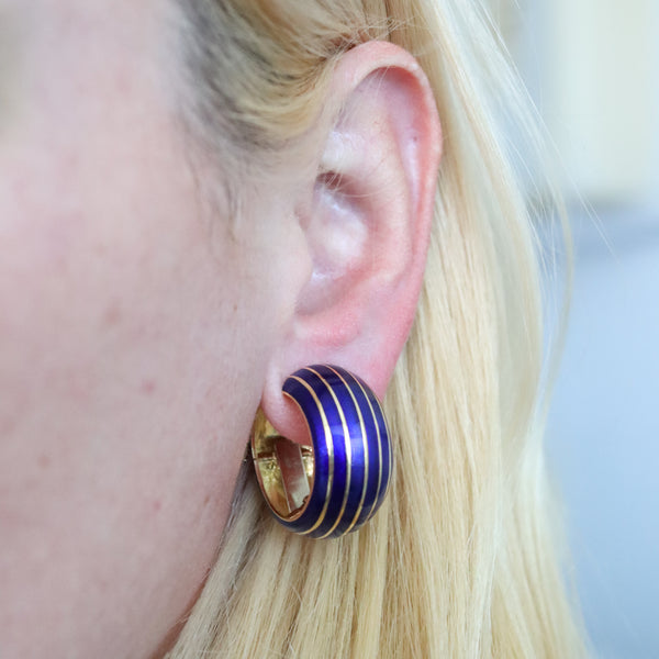 -Ottavio Molina 1970 Italian Blue Enameled Hoops Earrings In 18Kt Yellow Gold