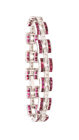 Art Deco 1940 Platinum Bracelet With 13.97 Cts In Burma Rubies And Diamonds