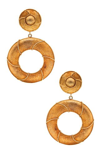 Italian 1960 Modernist Florentine Drop Earrings In Textured 18Kt Yellow Gold