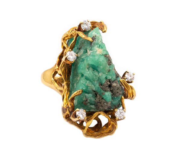 Modernist 1960 Massive Cocktail Ring In 18Kt With VS Diamonds And Crude Emerald