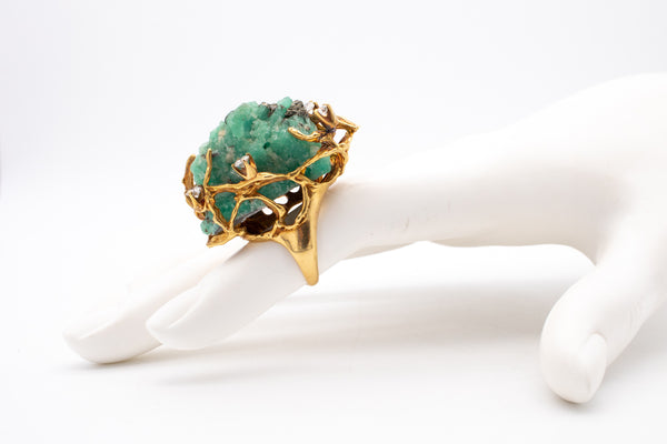 Modernist 1960 Massive Cocktail Ring In 18Kt With VS Diamonds And Crude Emerald