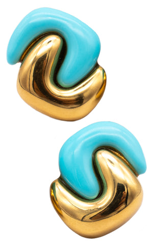 MODERN 18 KT YELLOW GOLD EARRINGS CLIPS WITH GEMSTONES TURQUOISE