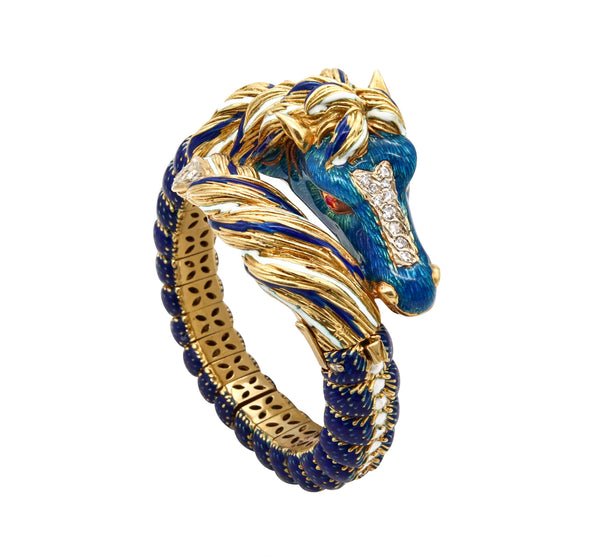 Frascarolo 1960 Italy Horse Bracelet In 18Kt Yellow Gold With Enamel And 1.22 Cts In Diamonds & Rubies