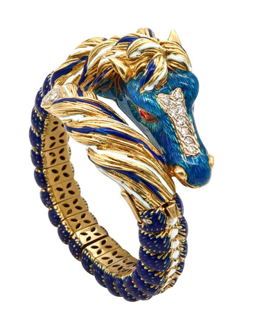 Frascarolo 1960 Italy Horse Bracelet In 18Kt Yellow Gold With Enamel And 1.22 Cts In Diamonds & Rubies