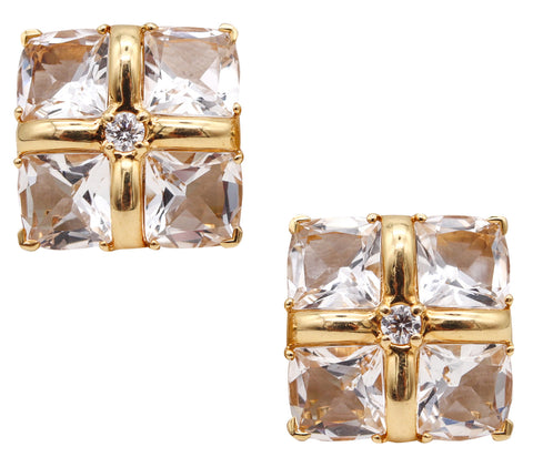 Seaman Schepps Squared Earrings In 18Kt Yellow Gold With 24.40 Cts Diamonds And Rock Quartz