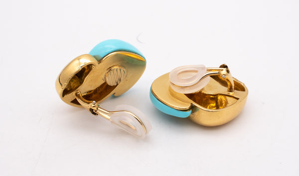 MODERN 18 KT YELLOW GOLD EARRINGS CLIPS WITH GEMSTONES TURQUOISE