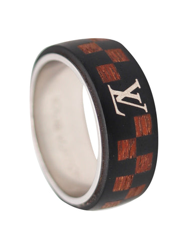 -Louis Vuitton Paris Modern Checkerboard Ring In Sterling Silver With Rose Wood