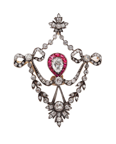 -Edwardian 1900 Belle Epoque Convertible Pendant In 18Kt Gold With 5.08 Ctw In Diamonds And Rubies