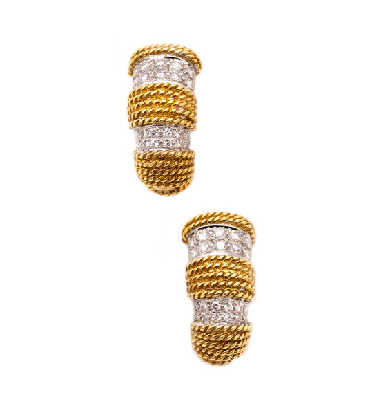 CASSIS DESIGNERS TEXTURED 18 KT HOOPS EARRINGS WITH 2.20 Cts OF DIAMONDS