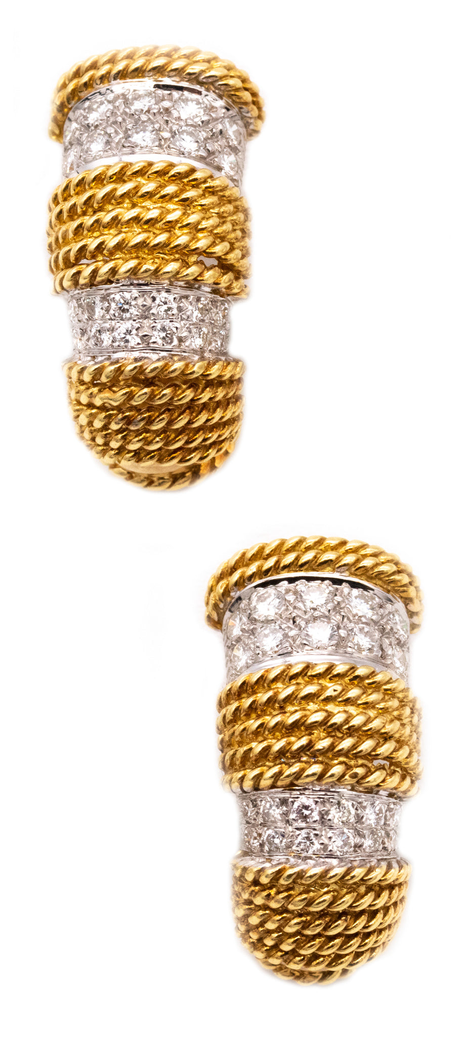 CASSIS DESIGNERS TEXTURED 18 KT HOOPS EARRINGS WITH 2.20 Cts OF DIAMONDS