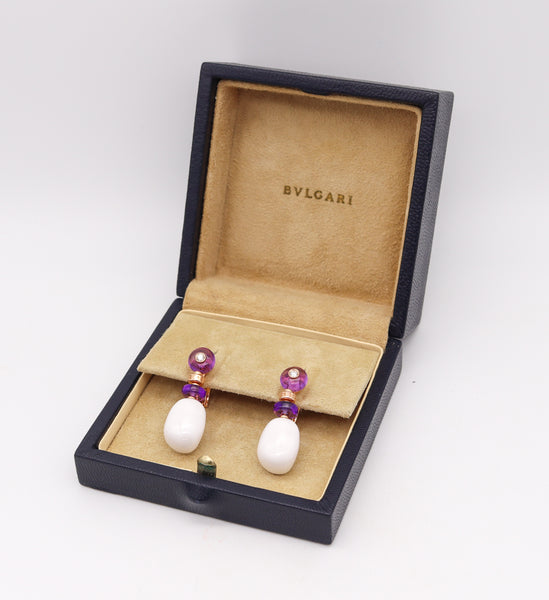 Bvlgari Roma Mediterranean Eden Sassi Earrings In 18Kt Gold 6.96 Cts Diamonds Amethyst And Ceramic