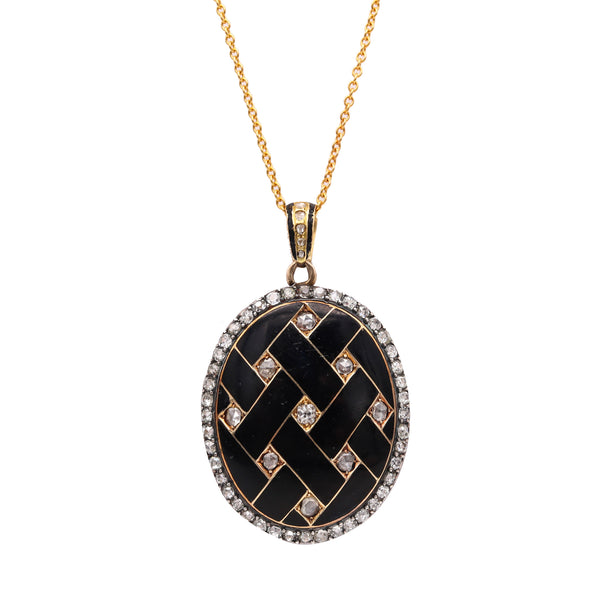 -Victorian 1870 Geometric Enameled Oval Pendant Locket In 18Kt Gold With 4.06 Ctw In Diamonds