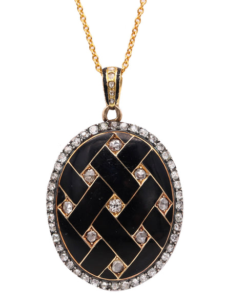 -Victorian 1870 Geometric Enameled Oval Pendant Locket In 18Kt Gold With 4.06 Ctw In Diamonds