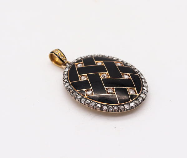 -Victorian 1870 Geometric Enameled Oval Pendant Locket In 18Kt Gold With 4.06 Ctw In Diamonds