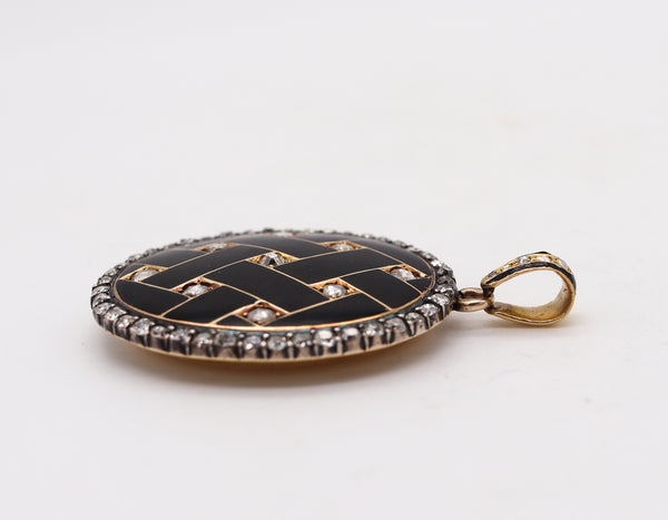 -Victorian 1870 Geometric Enameled Oval Pendant Locket In 18Kt Gold With 4.06 Ctw In Diamonds