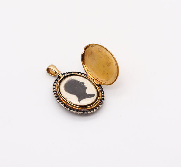 -Victorian 1870 Geometric Enameled Oval Pendant Locket In 18Kt Gold With 4.06 Ctw In Diamonds