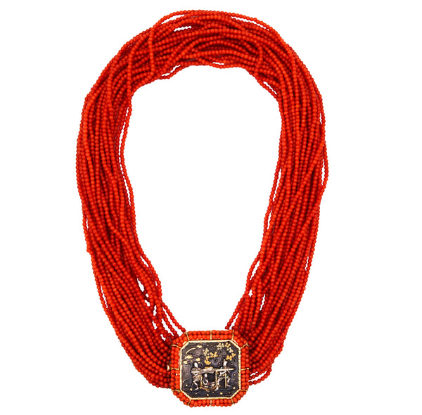 Modernist 1970 Rare Menuki Necklace In 18Kt Yellow Gold With Red Coral And Japanese Shakudo