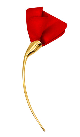 -Tiffany & Co. 1981 Elsa Peretti Red Flower Brooch In 18Kt Yellow Gold And Silk
