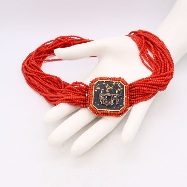 Modernist 1970 Rare Menuki Necklace In 18Kt Yellow Gold With Red Coral And Japanese Shakudo