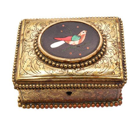 Italian 19th Century Antique Pietra Dura Mosaic Chest Box In Gilt Bronze