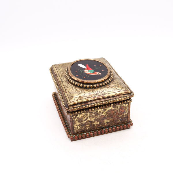 Italian 19th Century Antique Pietra Dura Mosaic Chest Box In Gilt Bronze