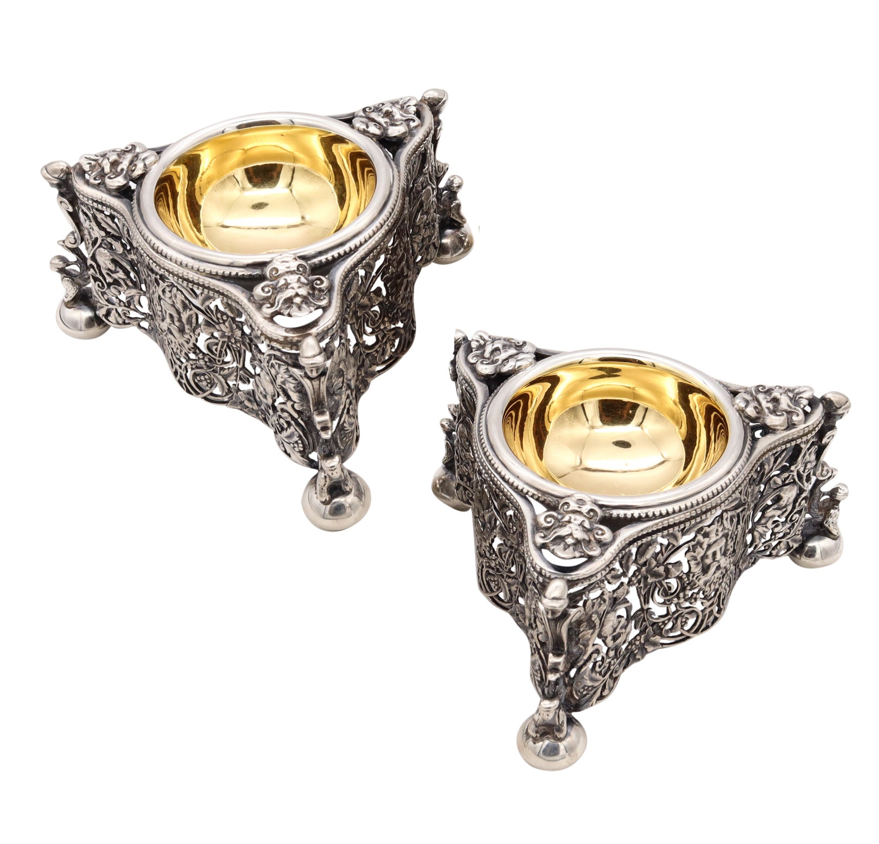 Germany 1870 Important Pair Of Neoclassical Salt Species Cellars In 24Kt Gilt Silver