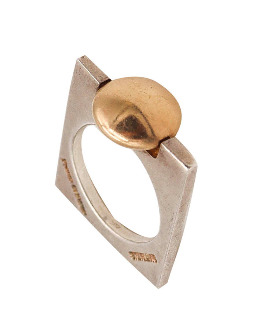 -Pierre Cardin 1970 Paris Geometric Squared Ring In 14Kt Yellow Gold And Sterling