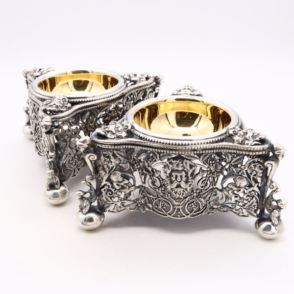 Germany 1870 Important Pair Of Neoclassical Salt Species Cellars In 24Kt Gilt Silver