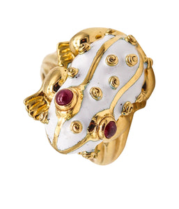 David Webb New York Iconic Enameled Frog Ring In 18Kt Yellow Gold With Rubies