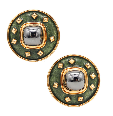 -Leo De Vroomen London Oversized Enameled Earrings In 18Kt Yellow Gold With Hematite