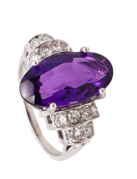 Art Deco 1930 Platinum Ring With A 9.08 Cts Russian Amethyst And Diamonds