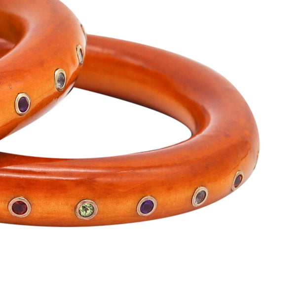 Modernism Suite of Burl Wood Bangles In 18Kt gold With 4.8 Cts Color Gemstones