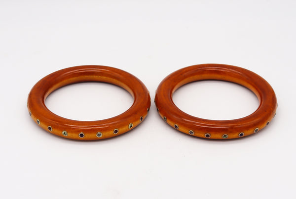 Modernism Suite of Burl Wood Bangles In 18Kt gold With 4.8 Cts Color Gemstones