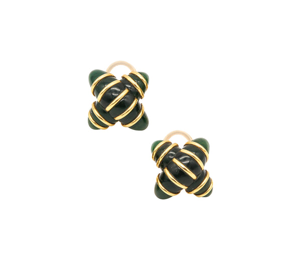 Angela Cummings Studios Criss Cross Clip Earrings In 18Kt Gold With Green Jade