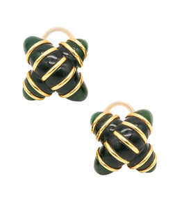 Angela Cummings Studios Criss Cross Clip Earrings In 18Kt Gold With Green Jade