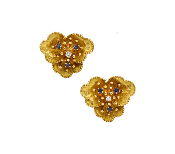 -Tiffany Co. 1960 Retro Flowers Earrings In 18Kt Gold With Sapphires And Diamond