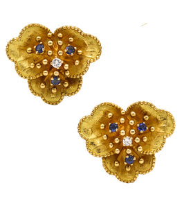 -Tiffany Co. 1960 Retro Flowers Earrings In 18Kt Gold With Sapphires And Diamond