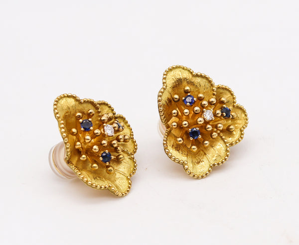 -Tiffany Co. 1960 Retro Flowers Earrings In 18Kt Gold With Sapphires And Diamond