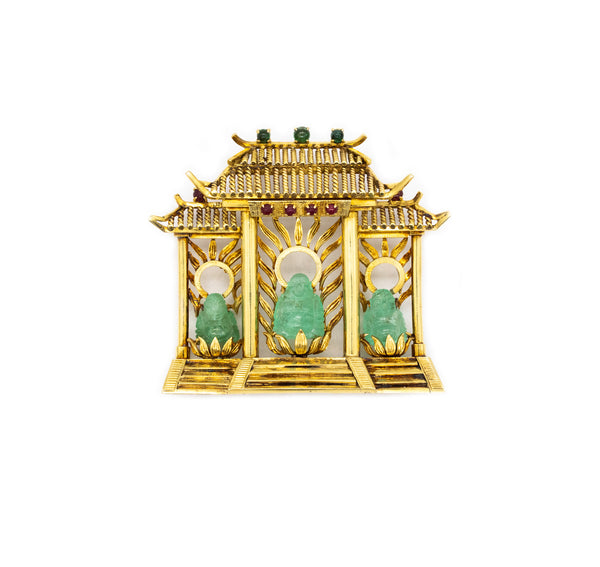 *Three-buddhas in temple Chinoiserie pendant in 18 kt yellow gold with 26.55 Ctw in emeralds & rubies