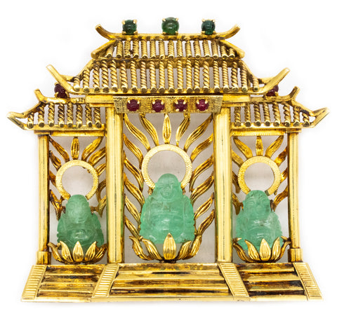 *Three-buddhas in temple Chinoiserie pendant in 18 kt yellow gold with 26.55 Ctw in emeralds & rubies