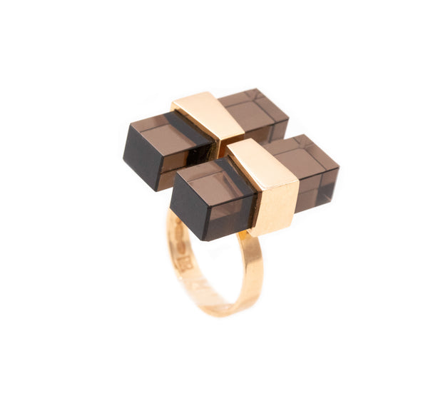 Kaunis Koru 1973 Finland Sculptural Geometric Ring In 14Kt Yellow Gold With Smokey Quartz