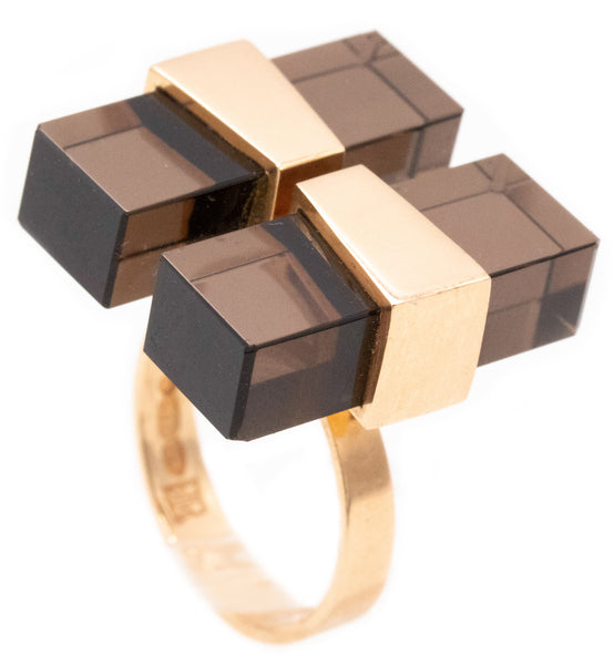 Kaunis Koru 1973 Finland Sculptural Geometric Ring In 14Kt Yellow Gold With Smokey Quartz