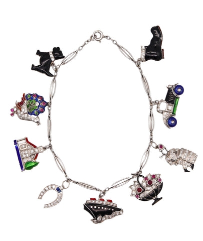 Art Deco 1930 Eight Charms Bracelet In Platinum Enamel With 2.78 Ctw In Diamonds And Gems
