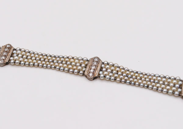 -Edwardian 1905 Belle Epoque Pearls Bracelet In Platinum With 1.20 Cts Diamonds